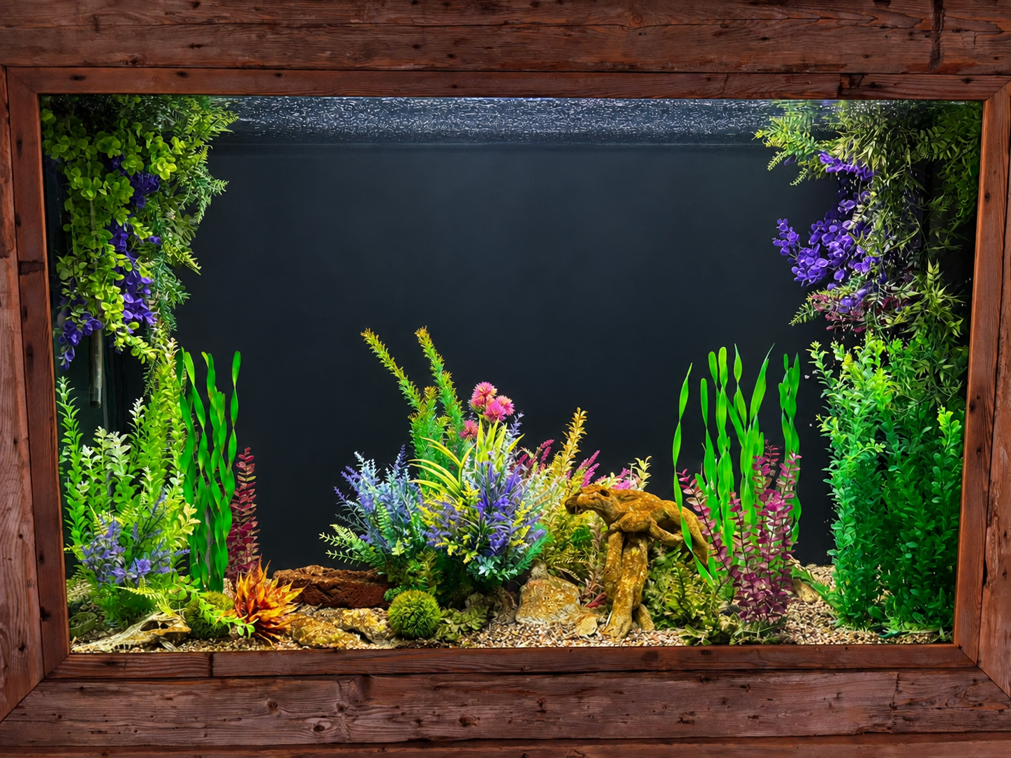 Freshwater aquarium built into a rustic wood surround with colourful plants