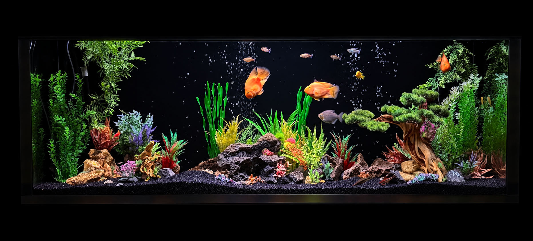 Large freshwater aquarium with colourful fish, plants, rocks, and driftwood